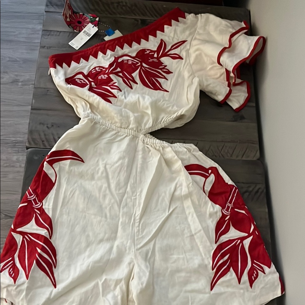 FARM Rio Cream & Red Linen Romper with Floral & Toucan Embroidery ~New with Tags